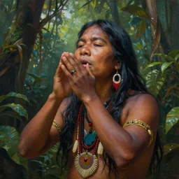 a beautiful painted portrait of an indigenous shaman chanting in the jungle matte painting fantasy art ayahuasca