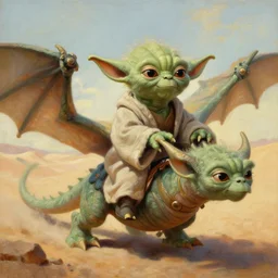 beautiful oil painting of Yoda riding a dragon in the desert