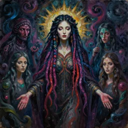 the awakening of santa muerte with colorful dreadlocks, by anton semenov, alex grey, and amanda sage in a surreal psychedelic style, oil on canvas, dark and menacing, 8k hd,