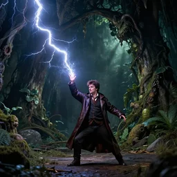 wide angle view, the wizard harry dresden in his long leather duster summoning a lightning bolt to zap a giant plant monster, high contrast cinematic light, mystical shadows, sharp focus, octane render, artist philippe caza richard corben and simon bisley