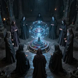 a quantum computer, surrounded by a dark cabal of hooded elven mystics with long robes gathered in a circular formation, michael whelan art, dan seagrave art