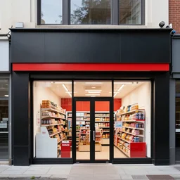 Shopfront of a convenience store in black and red colours, award winning architectural design, best of retail