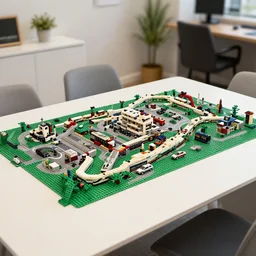 large lego city built on a large table, viewed from several metres away
