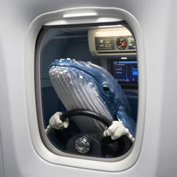 an airplane with a tiny whale pilot, the whale is in the airplane cabin, the whale head can be seen through the window by people outside the airplane, the whale can be seeing inside the front of the plane, the command pilot is a whale, the whale is behind the window, the photo is taken outside the plane, the whale is holding the steering wheel, the whale helds the steering wheel
