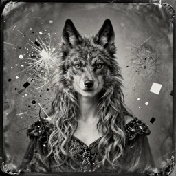 old wetplate daguerreotype portrait of the werewolf woman, explosion of data fragments, fractal, intricate, elegant, highly detailed, parallax, leica, medium format, subsurface scattering, by jheronimus bosch and greg rutkowski and louis jacques mande daguerre