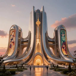 exterior shot of utopian architecture building with cinematic lighting by zaha hadid and renzo piano, darek zabrocki and greg ruthkowski, alphonse mucha, simon stalenhag, cinematic, holy place, paradise, scifi, futurism, atmospheric, sunset, concept art, artstation, trending on artstation