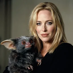 photoshoot of sharon stone with her pet gremlin, soft focus 5 0 mm