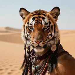 vast desert, fierce looking tribal warrior, tiger eyes, close up