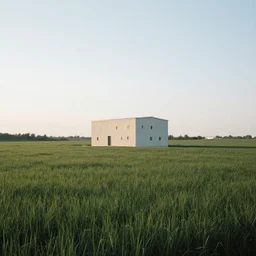 A serene landscape with a singular building in the style of Daniel Dociu.