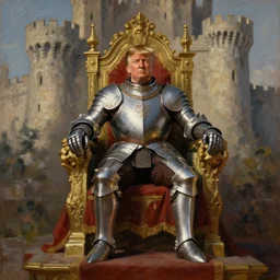 oil painting of trump in midevil armor in castle on throne
