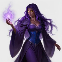 Female necromancer, beautiful, dark purple robes, blue corset, long skirt, dark skin, glowing yellow eyes, violet long hair, high fantasy, heroic character, looking from shoulder, pretty face!, detailed, spellcasting pose, by greg rutkowski, WLOP, Genzoman and Gary Gygax, trending on Artstation artstationHD, artstationHQ, cgsociety, 8K HD