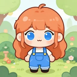 kawaii chibi art of a ginger girl with big blue eyes, freckles, garden, blue overalls