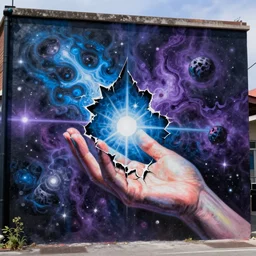 A street art. A rip in spacetime. Did this device in her hand open a portal to another dimension or reality?! blue violet, cosmic horror by Chris Leib, by Eric Carle, by Sparth expressive, experimental