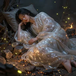portrait, sleeping god in smoky quartz robe, bed of cinders, fireflies, very detailed, realistic, cimematic lighting, accent lighting, octane render, greg rutkowski, wlop, terese nielsen, ayami kojima, 1 6 k, illustration