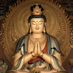 portrait of a smiling bodhisattva, praying meditating, elegant, intricate, cinematic, ornate, in the style of raymond swanland and charlie bowater and fenghua zhong