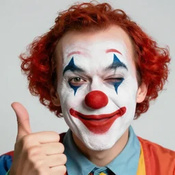 cartoonish clown man giving a very suggestive knowing wink at the camera, abstract professional photo, giant facial features, wtf is going on