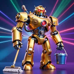 portrait photo of a giant huge golden and blue metal humanoid steampunk robot vaccuum cleaner, with gears and tubes, in the hand are mop and bucket, eyes are glowing red lightbulbs, shiny crisp finish, 3 d render, 8 k, insaneley detailed, fluorescent colors, background is multicolored lasershow