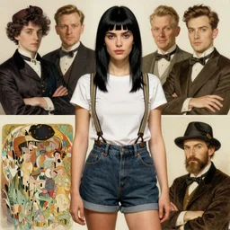 a woman with black hair and long pixie haircut in shorts with suspenders and white t-shirt drawn by frederic leighton, gustave caillebotte, Alexandre Cabanel, norman rockwell, ralph bakshi, maler collier, peter paul rubens, alphonse mucha, gustav klimt 4k, unreal 5, DAZ, french noveau, trending on artstation, octane render, hyperrealistic