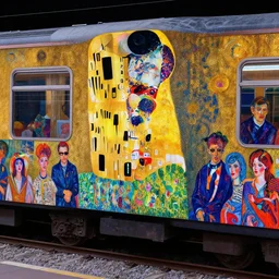 a completely full train, psychedelic, patterned skin, trending on artstation, photorealism!!, vibrant colors, digital art, in the style of harumi hironaka, gustav klimt, egon schiele, coby whitmore, david bates, monet, lisa frank, picasso, octane render.
