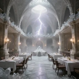 indoor photography of highly detailed dining hall with an overgrown fiberglass crystals gloomy foggy epic sunny lightning detailed rule of thirds epic shot surreal architecture stone and marble