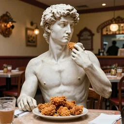 the statue david from michelangelo eating fried chicken, sitting on a restaurant table inside a well visited mexican restaurant