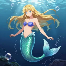 very beautiful mermaid, artgerm, artstation, 4 k, top light, bubbles, magical, detailed,
