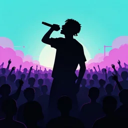 rapping into microphone, silhouettes, huge crowd, digital art, vapor wave, hip hop, simple shapes, trending on Artstation, professional artist, detailed, 4k