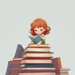 a little girl with wavy curly light brown hair sits on top of a tall pile of books, reading. clean cel shaded vector art. behance hd by lois van baarle, artgerm, helen huang, by makoto shinkai and ilya kuvshinov, rossdraws, illustration, art by ilya kuvshinov