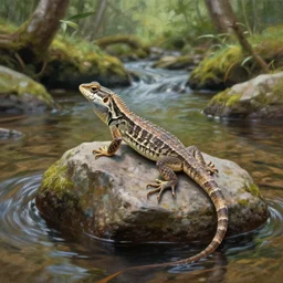 A lizard sitting on a rock within a woodland creek, highly detailed, trending on pixiv, realistic oil paint artwork made in 2020.