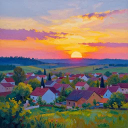 colorful painting of a village witnessing sunset