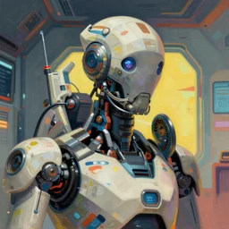 detailed character concept art close up portrait of a detailed and hi - tech reconnaissance robot in an empty chamber, artstation, award - winning realistic sci - fi concept art by greg rutkowski and yoshitaka amano, in the style of moebius, flat pop color surrealist artwork.