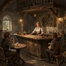 medieval tavern with barmaid and patrons drinking, artstation, fantasy, high details, digital art