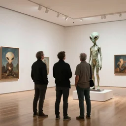 perspective altered men stood in an art gallery, staring at a sculpture made by alien jeff koons, hd photorealism, 7 0 mm lens w 1 0 2 4 h 7 6 8