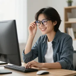 fotorealista persona usando una computadora feliz, la persona tiene puesto anteojos