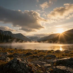 epic taiga with a lake, golden hour, misty ground, rocky ground, distant mountains, atmospheric perspective, altostratus clouds, planets, cinematic, 3 5 mm lens, anamorphic lens flare, photographic, octane render, cinematography by roger deakins, in the style of ansel adams