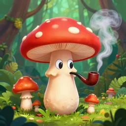 trip, mushrroom with cartoon eyes smoking a pipe in the jungle, highly detailed, psychodelic, colorfull