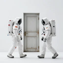 side profile of an astronaut walking through an all white plane of existence with a single old door in the middle of nothing, photorealistic, ultra detailed