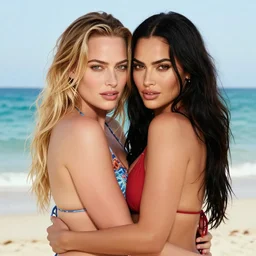 margot robbie and megan fox hugging and posing with a beautiful bikini on the beach, amazing detail, hyper - realistic faces, fantasy art by greg rutkowski and artgerm