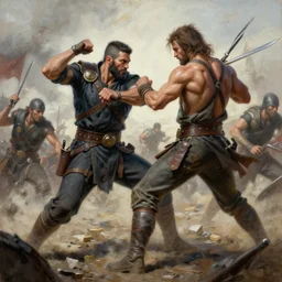 a painting of a character fighting in a war by Mark Arian, high detail, hyperrealistic, concept art, artstation, 8k