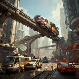 in a dieselpunk city with vehicles and a monorail, highly detailed, 8 k, hdr, award - winning, octane render, artstation, volumetric lighting