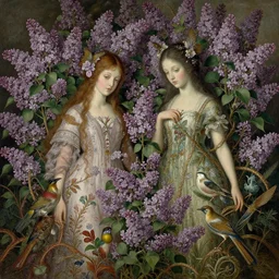 reathtaking detailed concept art painting blend of two goddess of lilac flowers by hsiao ron cheng, vintage illustration pattern with bizarre compositions blend of flowers and plants and birds by beto val and john james audubon, exquisite detail, extremely moody lighting, 8 k