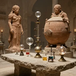 a complex ancient alchemists interior, 4 k, stone table, giant clay gollum, giant clay statue, giant athanor, alembic, beakers full of liquid, knobs, glass orbs, candle lighting, octane render, natural color scheme, architectural photography, f 3 2, still from movie by david lynch,