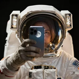 extremely detailed studio portrait of space astronaut taking a selfie, holds a smart phone in one hand, phone!! held up to visor, reflection of phone in visor, moon, extreme close shot, soft light, golden glow, award winning photo by letizia battaglia