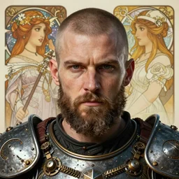 realistic detailed face portrait of a grizzled viking warrior in heavy steampunk armor by alphonse mucha, ayami kojima, amano, greg hildebrandt, and mark brooks, male, masculine, art nouveau, neo - gothic, gothic, character concept design