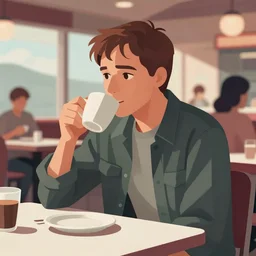 dale cooper from twin peaks drinking coffee in a diner, clean cel shaded vector art. shutterstock. behance hd by lois van baarle, artgerm, helen huang, by makoto shinkai and ilya kuvshinov, rossdraws, illustration