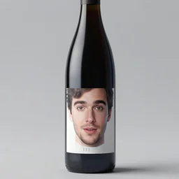 matt leblanc face as label!!!! on a wine bottle body, 3 d, octane render