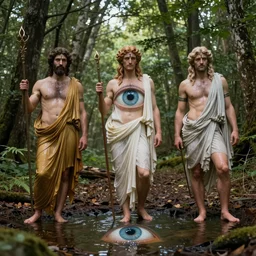 greek gods, in forest, three eyed, wide wide shot, feet in water, colors, forehead eye, ground very detailed, wet eyes reflecting into eyes reflecting into infinity, beautiful lighting