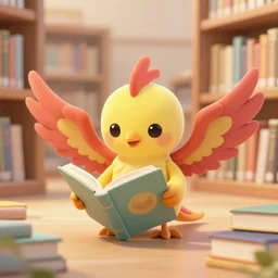 a cute adorable phoenix fledgling learning to read in a library #simulator