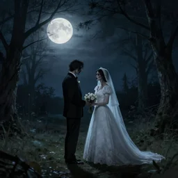 folk horror art style depiction of a wedding. eerie. night full moon. glowing.