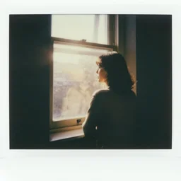 a woman looking out a window in the afternoon, flash polaroid photo by george hurrell, hazy light rays, golden hour